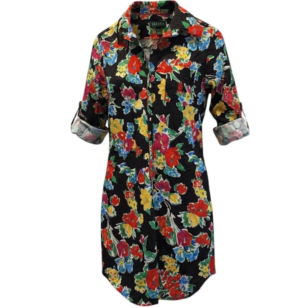 Lauren Ralph Lauren Shirt Dress S Blk Floral Cotton LRL Monogram Mini 3/4 Sleeve - Picture 1 of 9